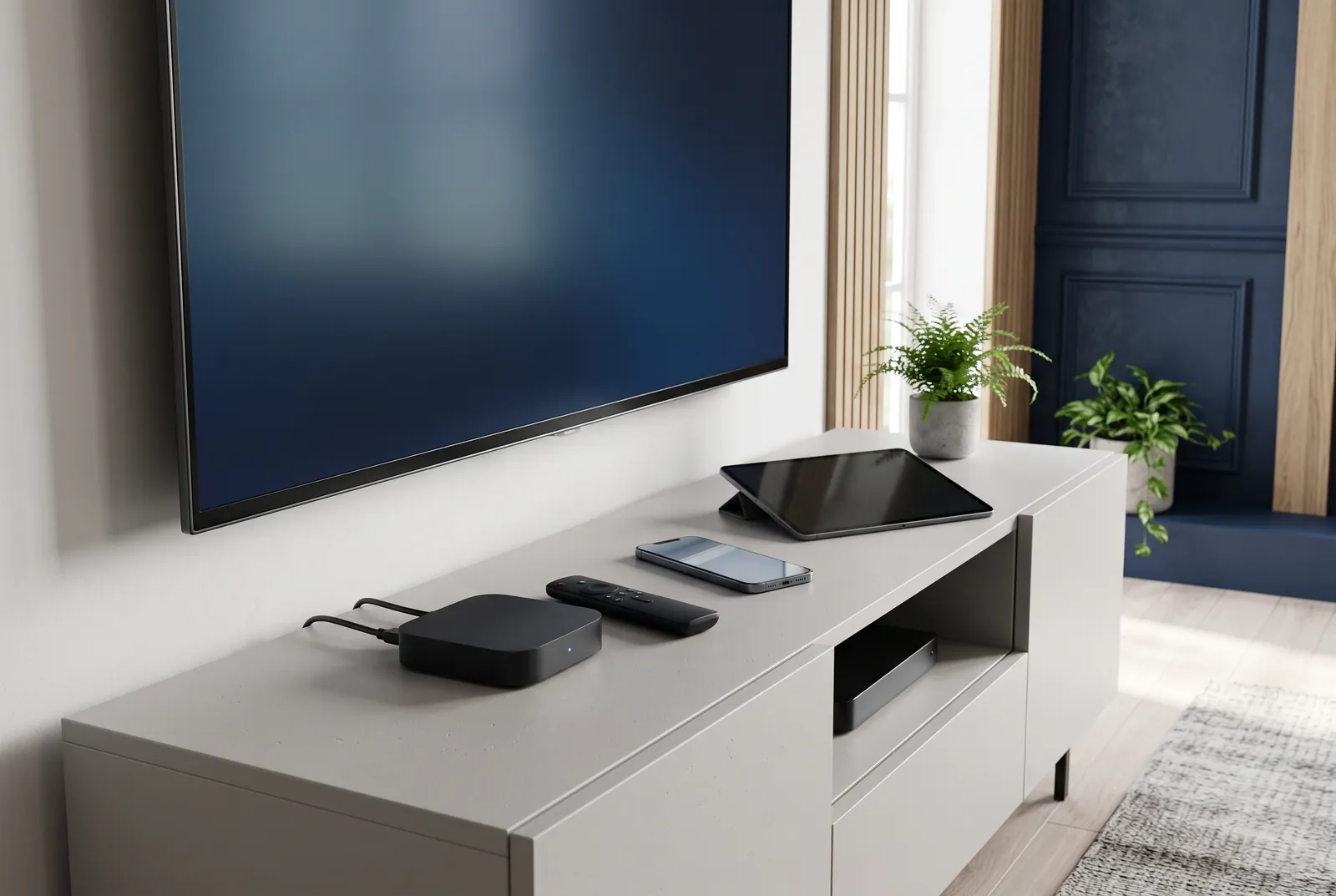 Wall-mounted TV above a light grey media unit holding a streaming box, remote control, smartphone and tablet, with a set-top box on the shelf below: the kinds of devices covered by the ZYMINEX IPTV setup guides