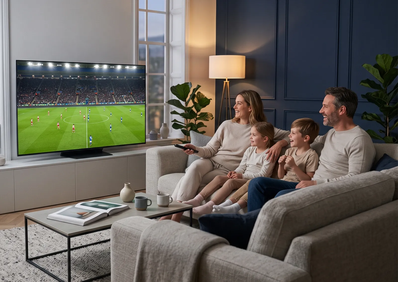 A family of four on a sofa watching a live football match on a large flat-screen TV in their living room, illustrating home TV streaming with ZYMINEX IPTV